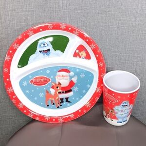 Rudolph Red Nosed Reindeer Plate Christmas Hermey‎ Elf Bumble Red White Divided